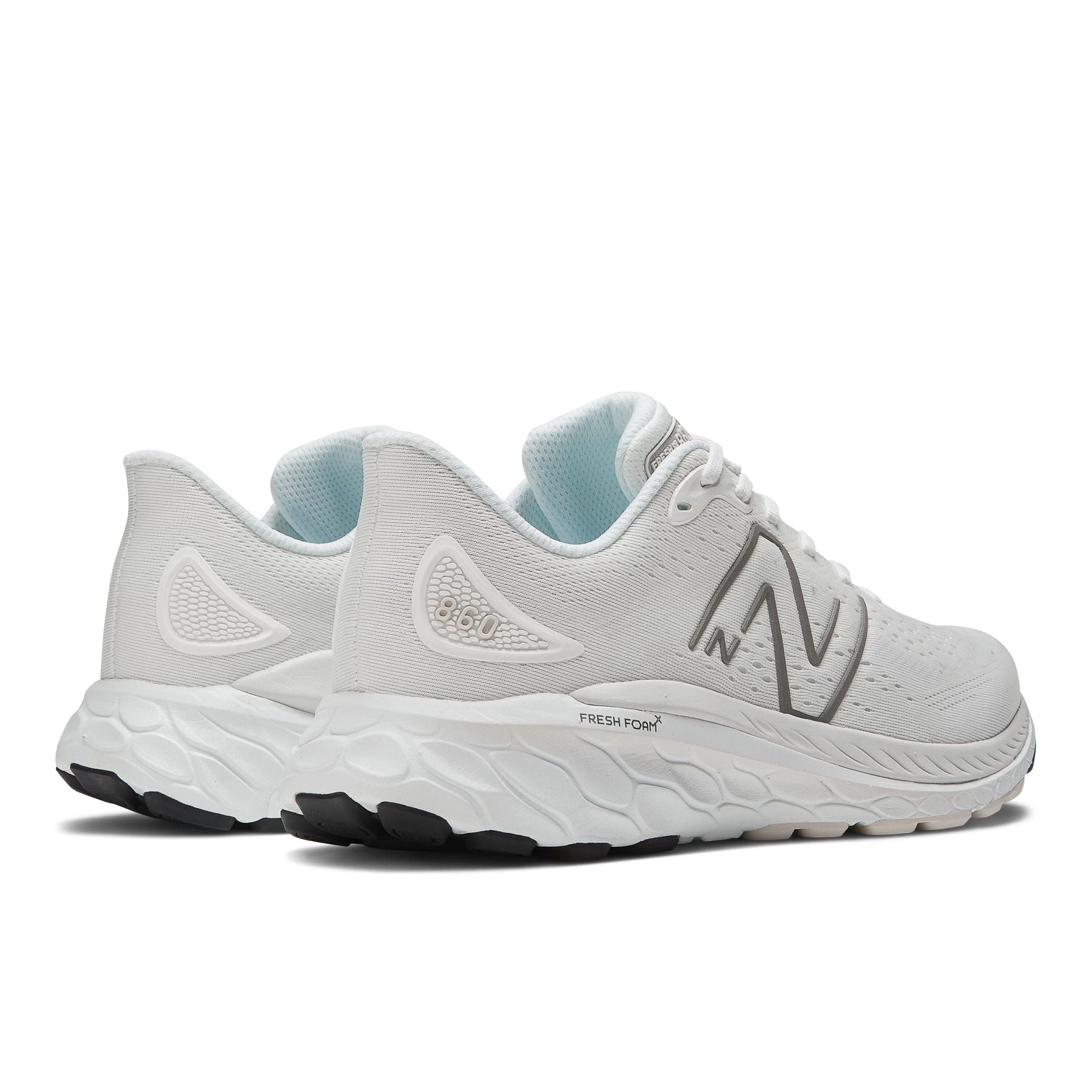 Back angle view of the Men's 860 V13 by New Balance in the color White/Silver