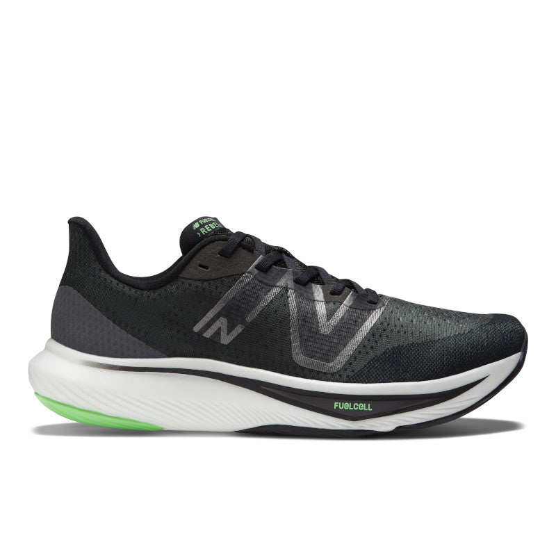 Lateral view of the Men's New Balance Fuel Cell Rebel V3 in the color Black/Blue/Vibrant Spring