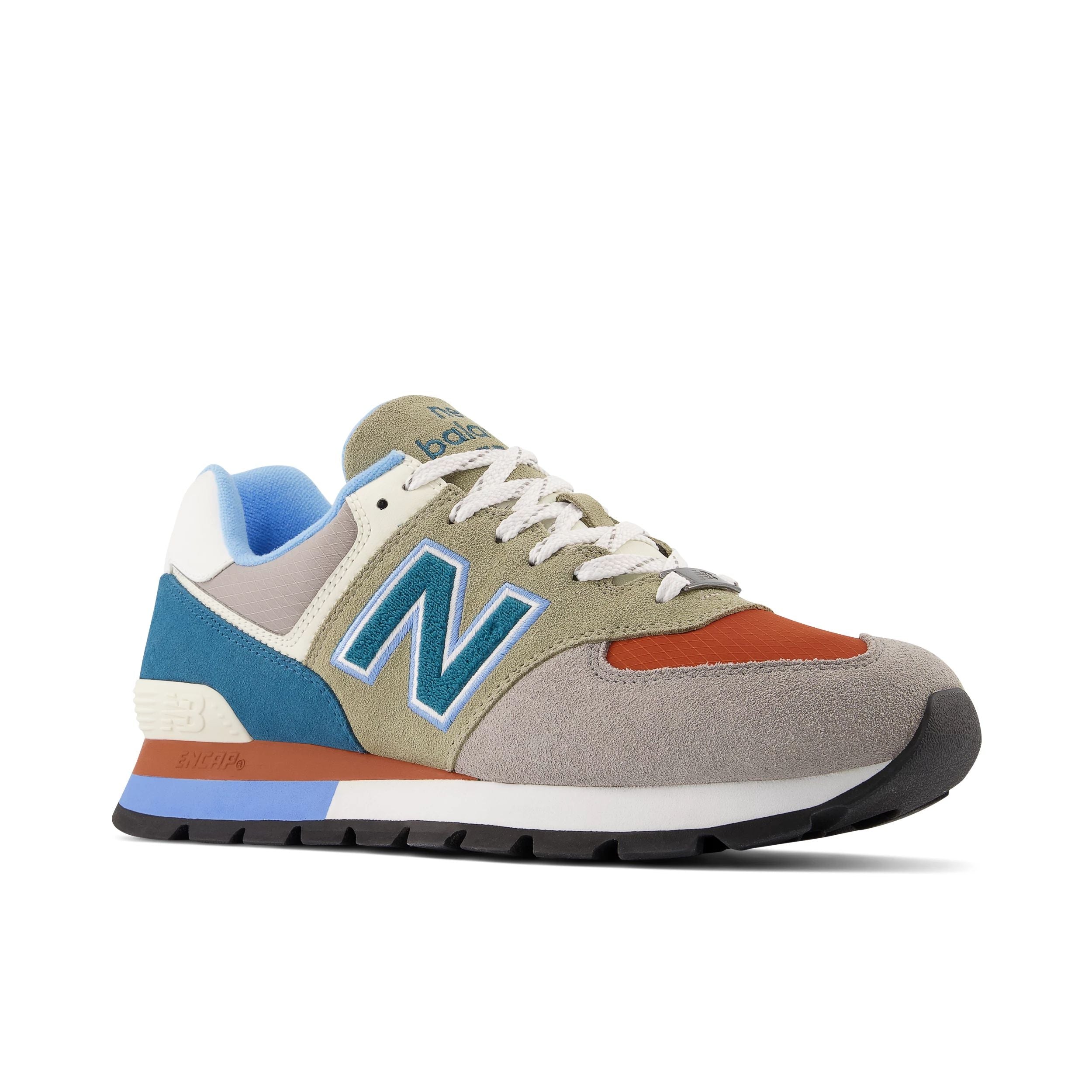 Front angle view of the Men's 574 by New Balance in the color Grey/Blue