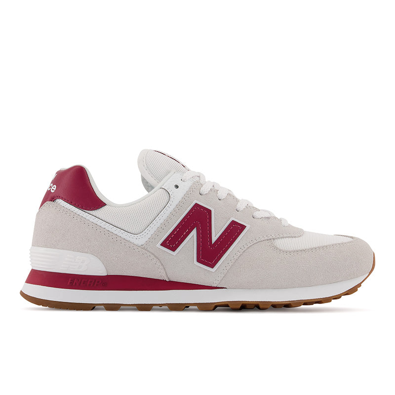 Lateral view of the Men's New Balance 574 in Off White/Red