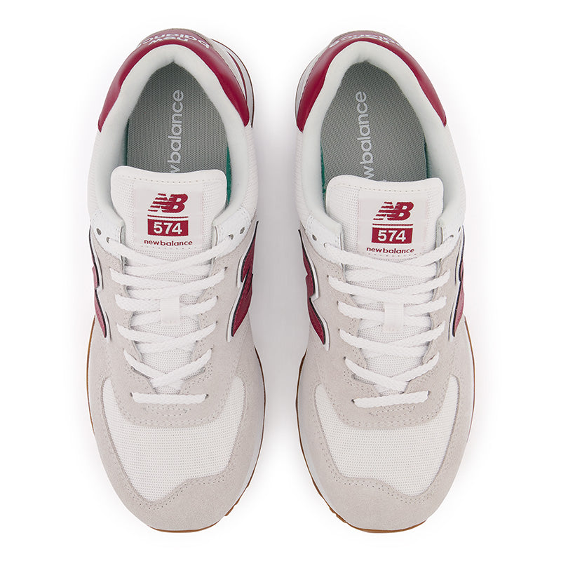 Top view of the Men's New Balance 574 in Off White/Red