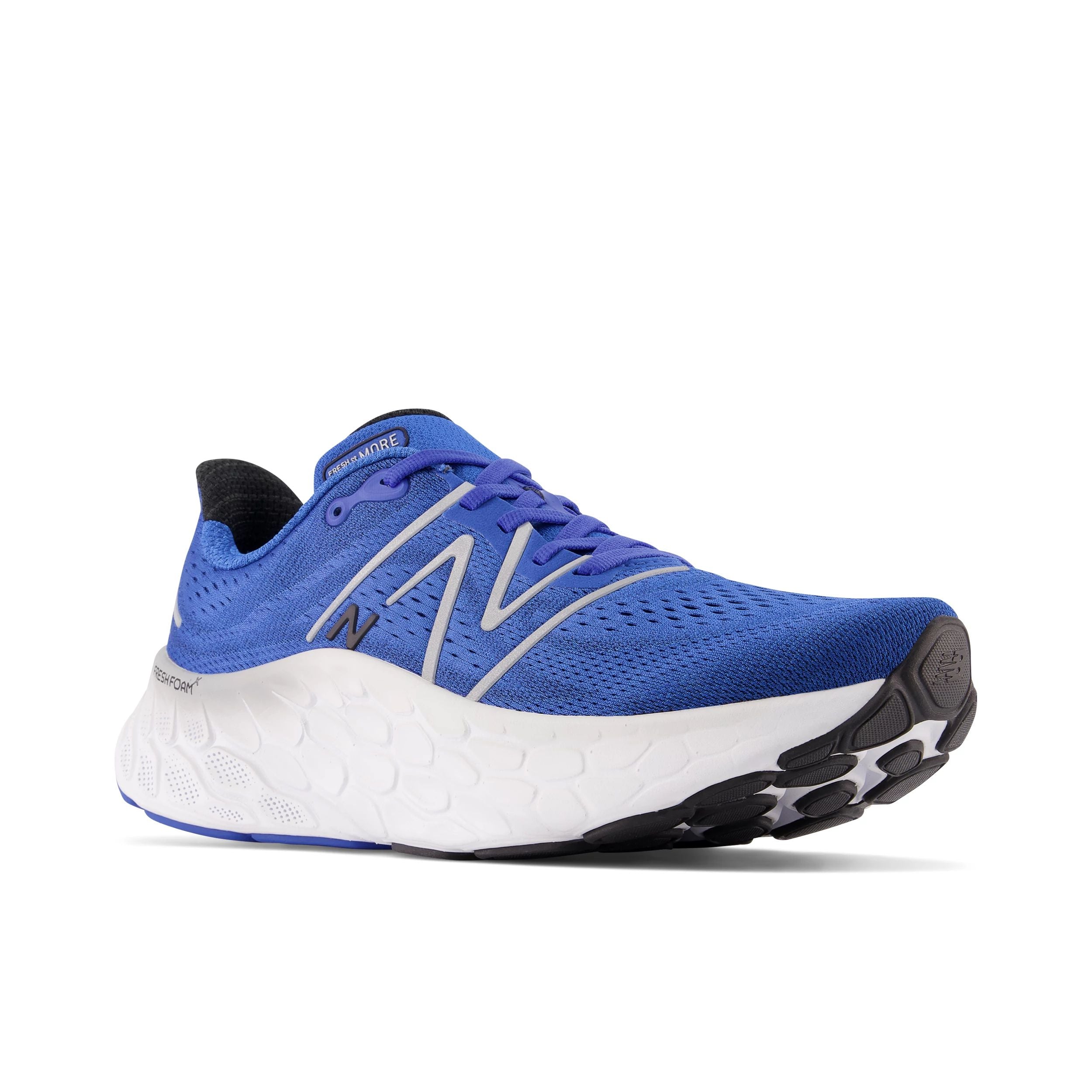 Front angle view of the Men's New Balance Fresh Foam More 4 in Cobalt/Black