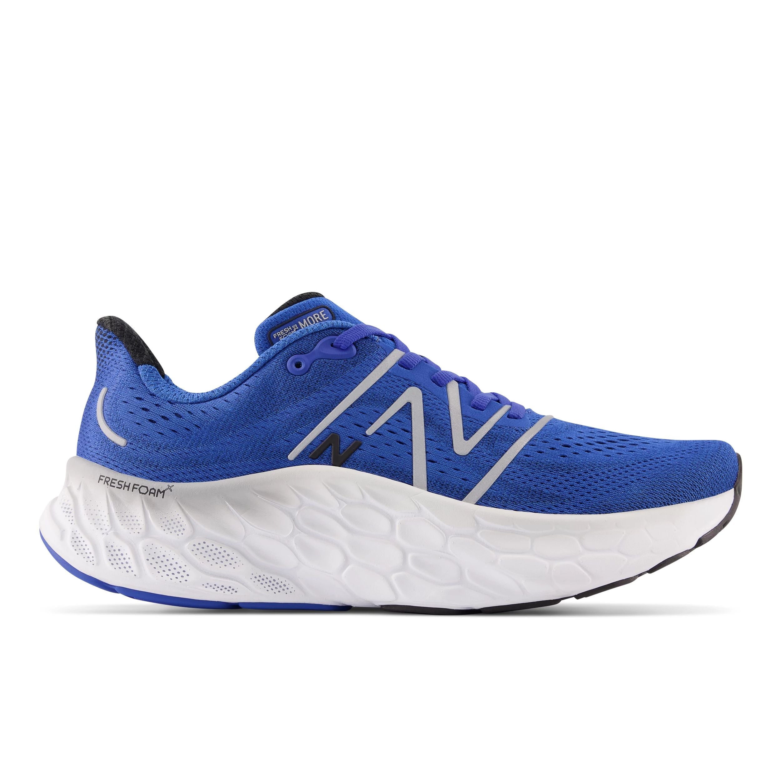 Lateral view of the Men's New Balance Fresh Foam More 4 in Cobalt/Black