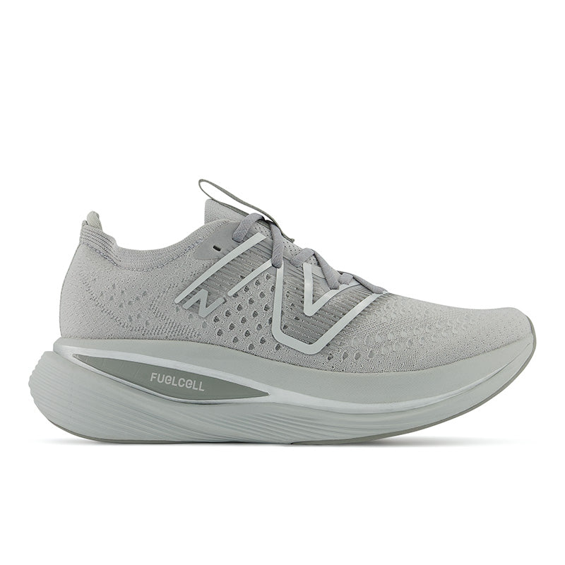 Lateral view of the Men's Fuel Cell SuperComp trainer by New Balance in the color Rain Cloud/Silver/Marblehead
