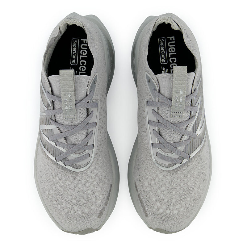 Top view of the Men's Fuel Cell SuperComp trainer by New Balance in the color Rain Cloud/Silver/Marblehead