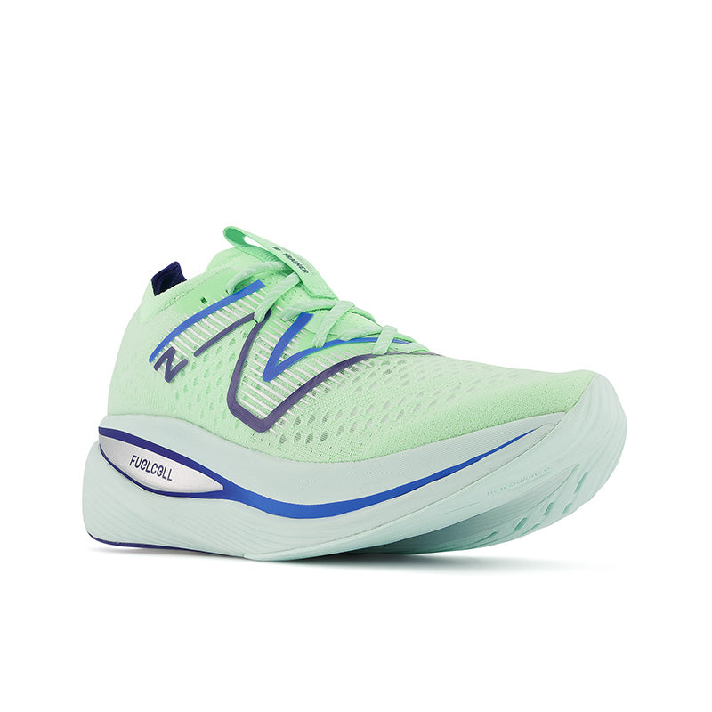 Front angle view of the Men's Fuel Cell SuperComp Trainer by New Balance in the color Vibrant Spring Glo/Victory Blue
