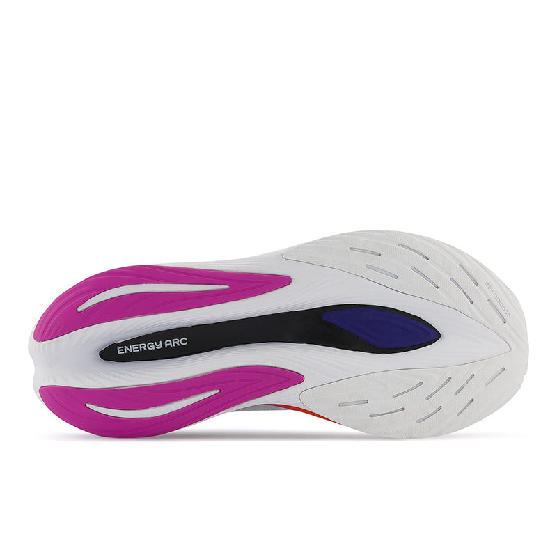 Bottom (outer sole) view of the Men's Fuel Cell SuperComp Trainer by New Balance in the color White/Victory Blue/Magenta Pop