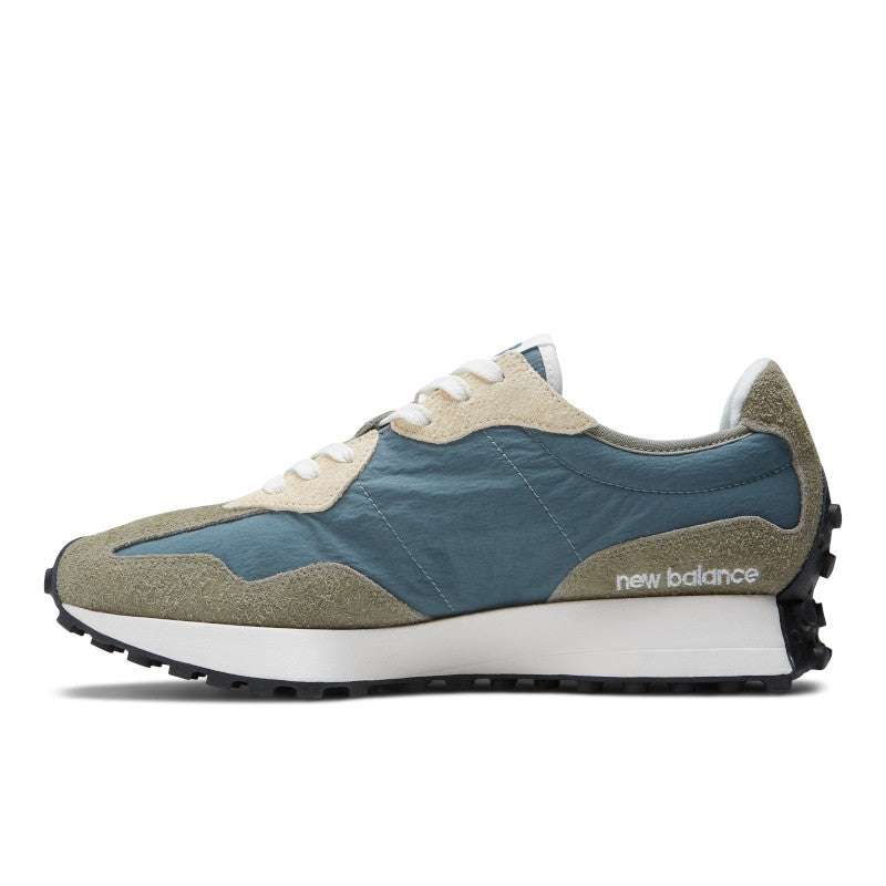 Medial view of the Men's New Balance 327 in the color Vetiver with trooper
