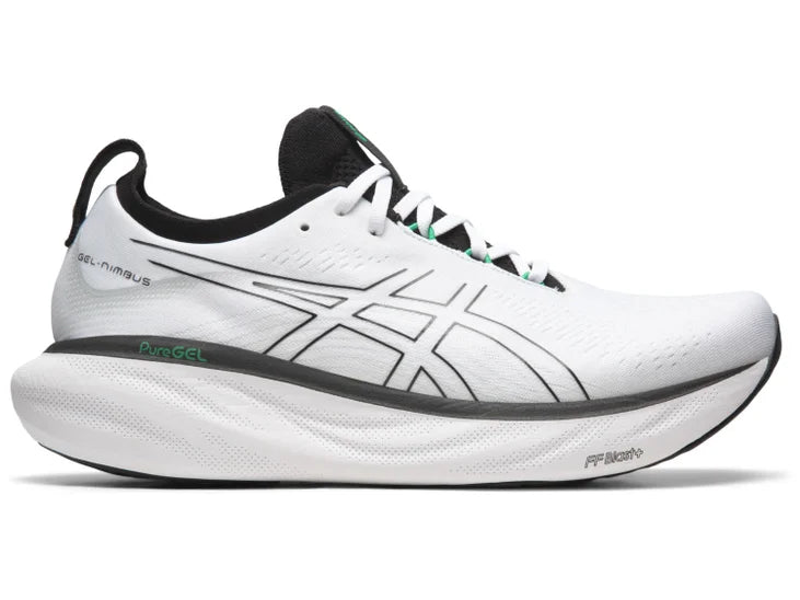 Lateral view of the Men's ASICS Nimbus 25 in the color White/Black
