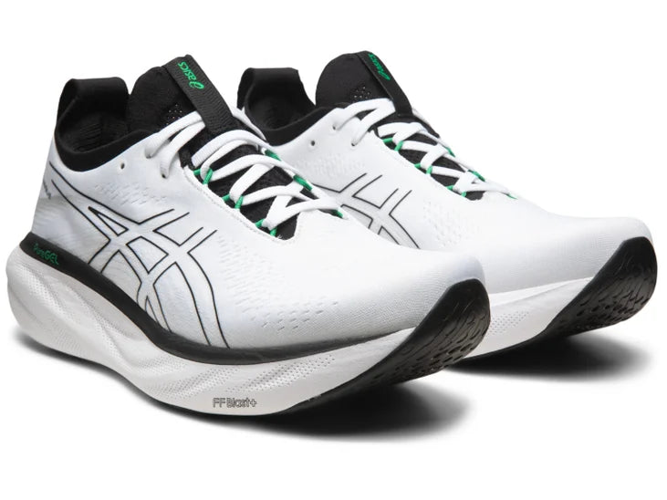 Front angled view of the Men's ASICS Nimbus 25 in the color White/Black
