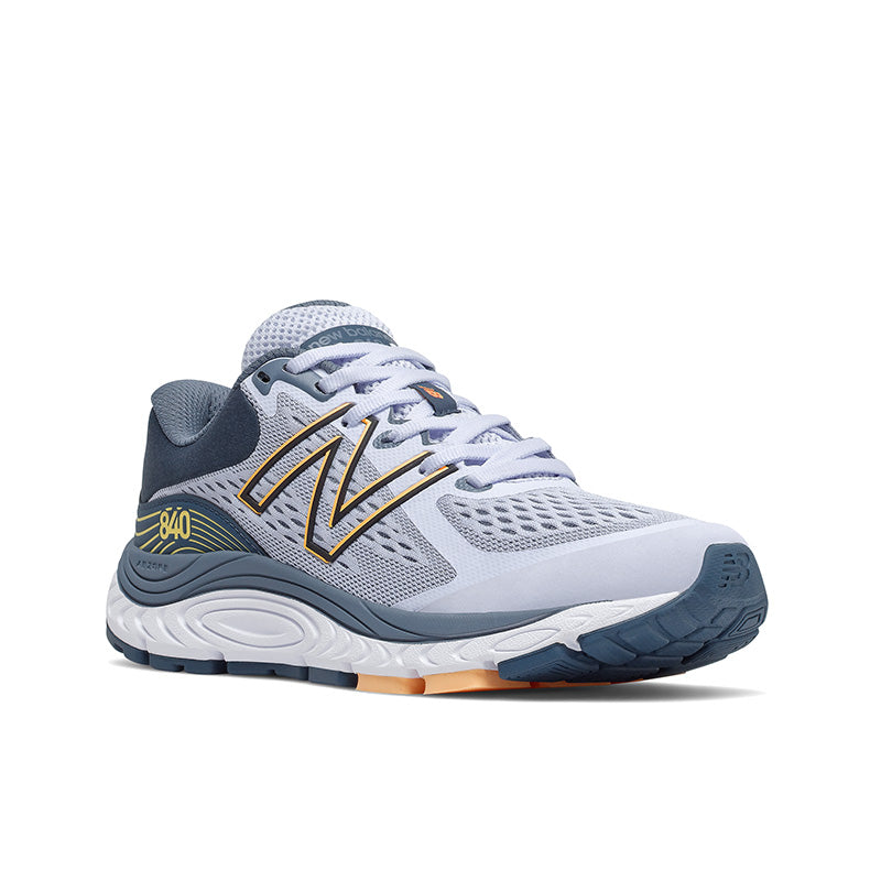 Front angle view of the Women's 840 V5 by New Balance in the color Silent grey / Light mango