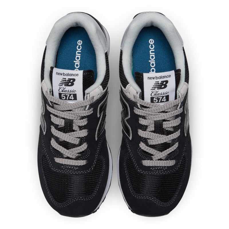 Top view of the Women's New Balance 574 lifestyle shoe in Black/White