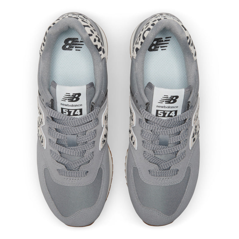 Top view of womens lifesryle 574 stack shoe in grey with cheetah print