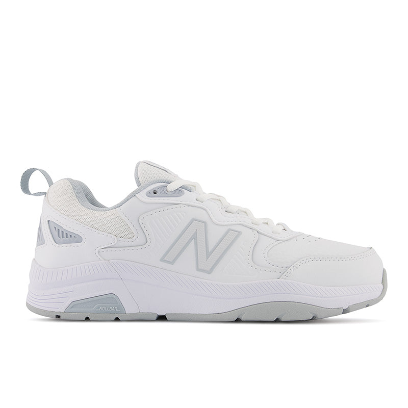 Lateral view of the Women's New Balance 857 V3 cross training shoe in white