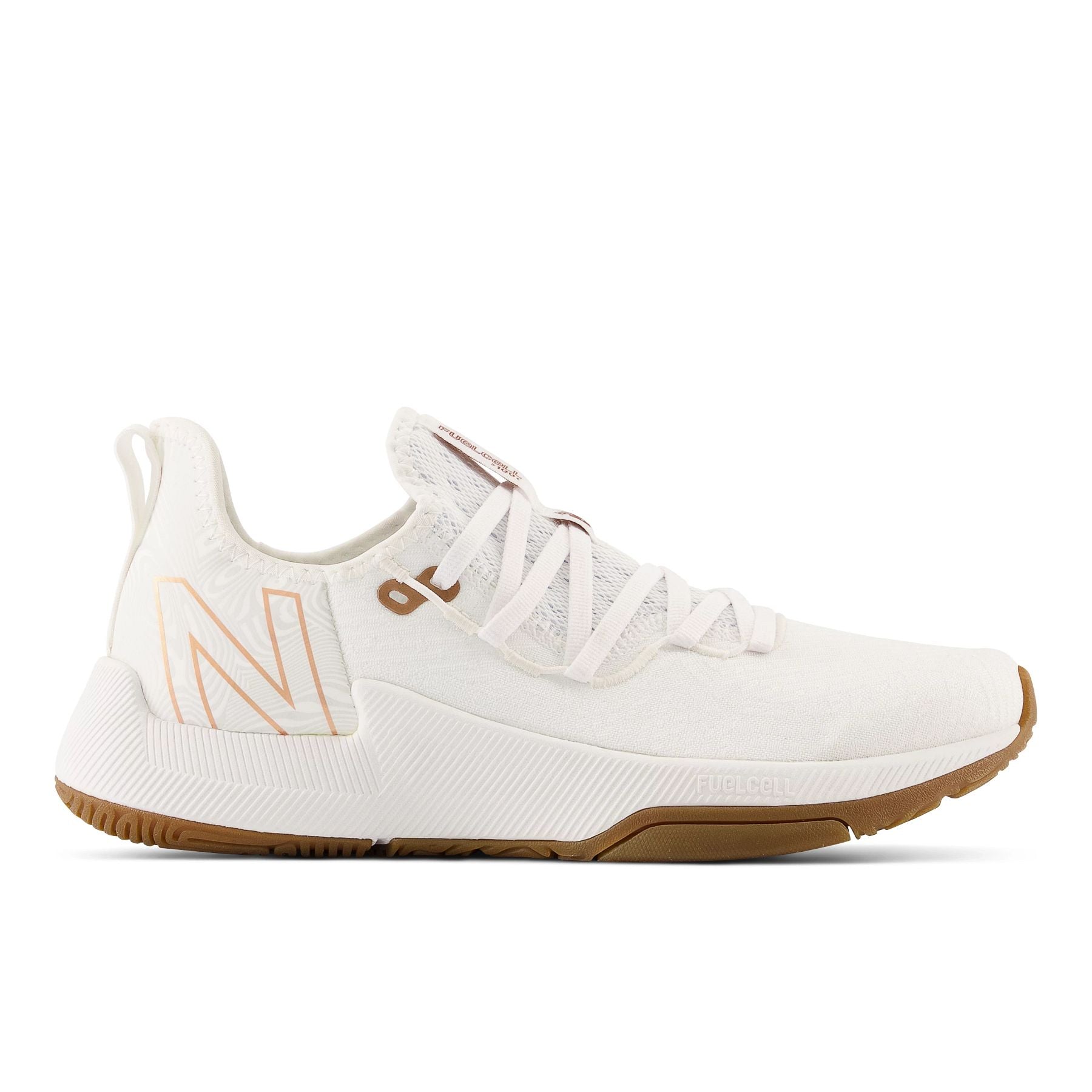 Lateral view of the Women's FuelCell 100 cross trainer by New Balance in the color White/White